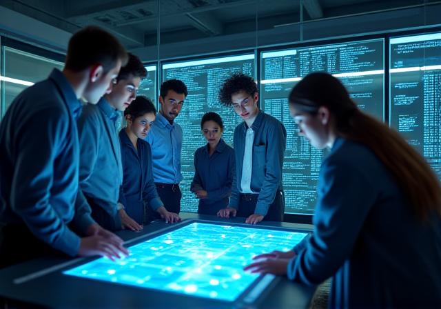 Team DecoMetrics AI nell'ufficio di Roma che analizza dati su schermi moderni